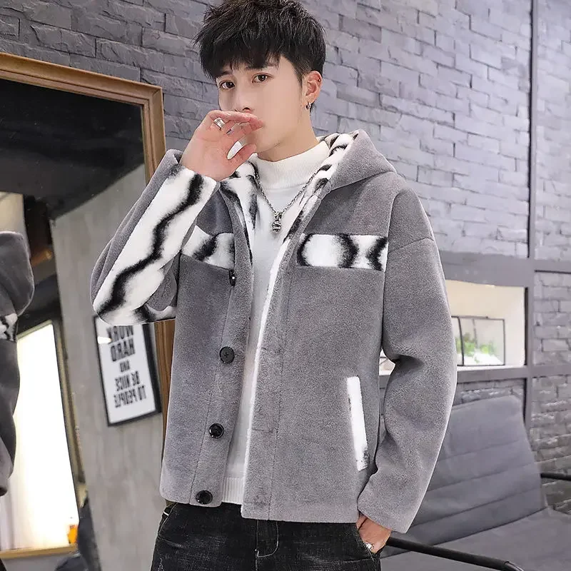 

2023 Autumn Winter Faux Fur Coat Men with Hood Long Sleeve Casual Loose Fluffy Jacket for Men Imitation Fur Coats