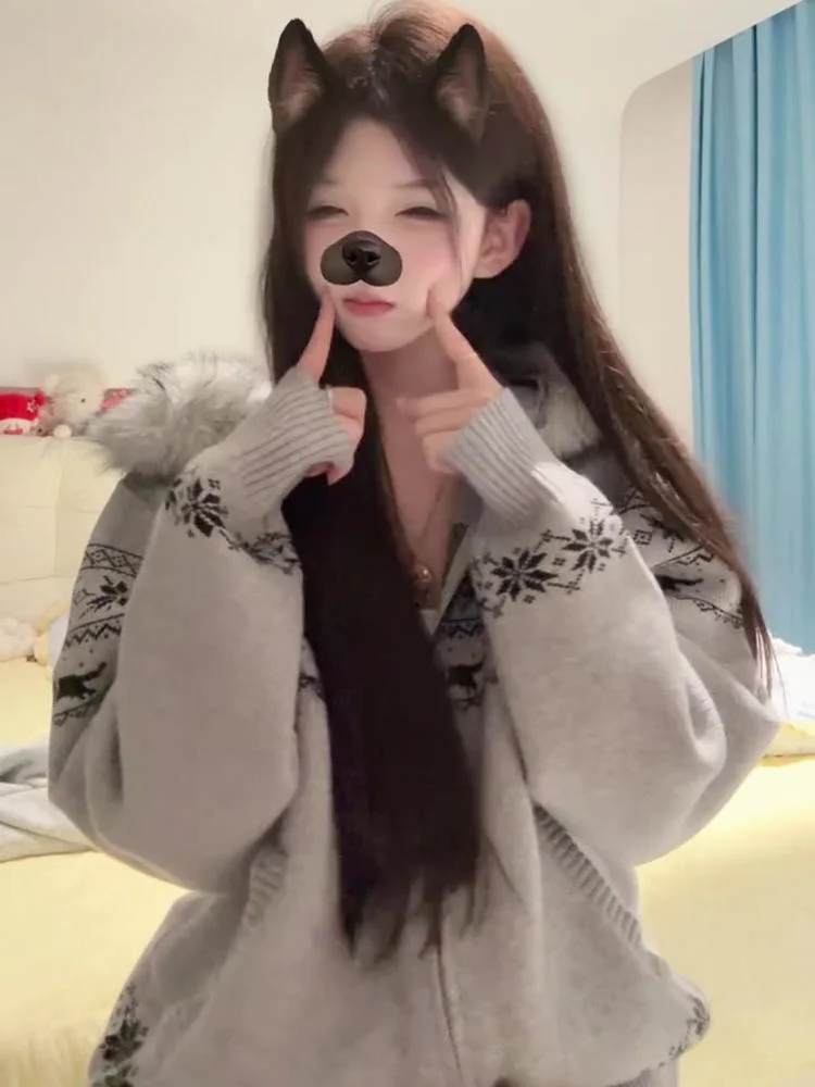 Retro American Knitted Sweater Coat Women's Autumn Fair Isle Fur Collar Hooded Open Cardigan Loose Lazy Style Top Trendy
