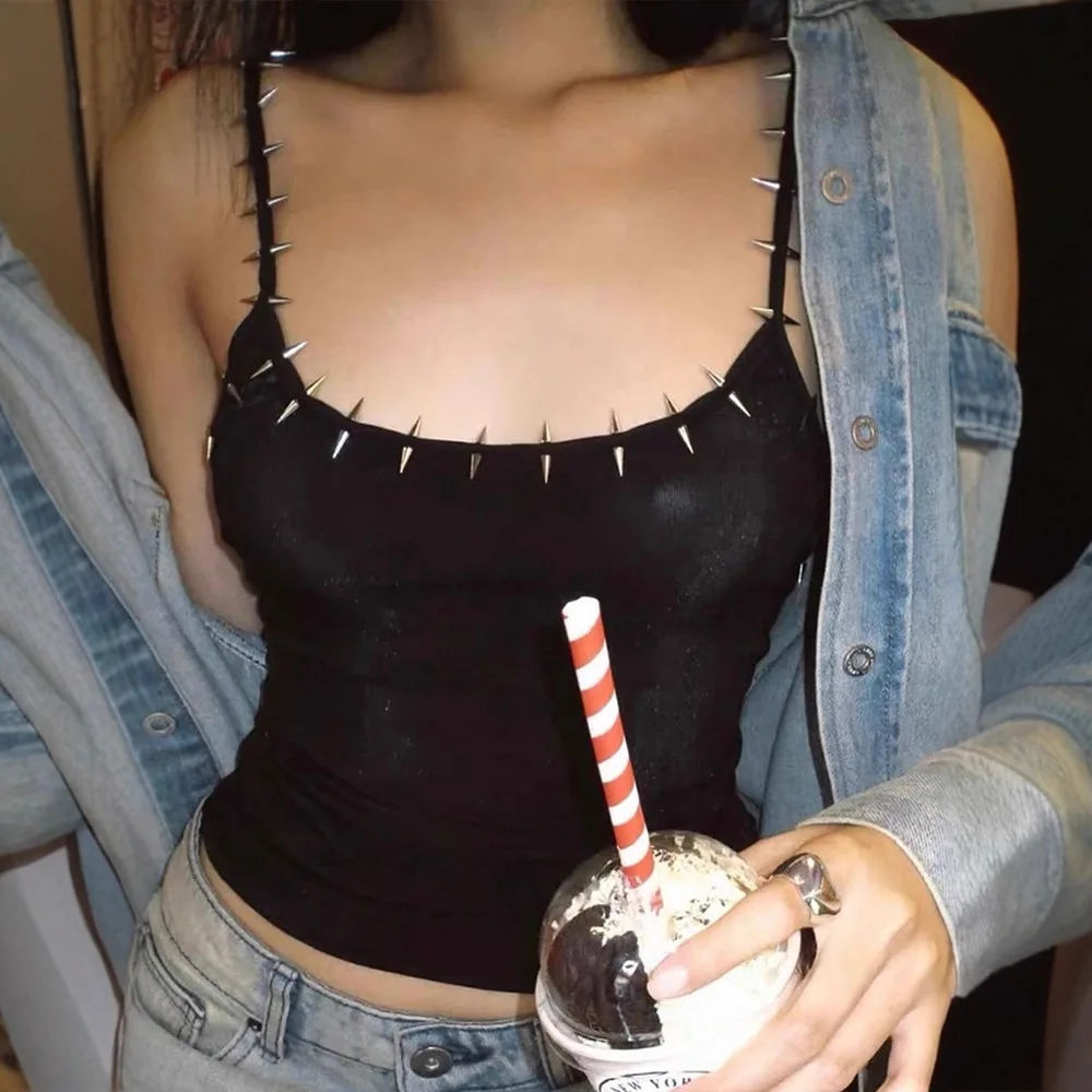 Spike Studded Thin Strap Square Neck Cropped Bodycon Cami Punk Y2K Streetwear For Women Club Festival Daily Slim Sleeveless Vest