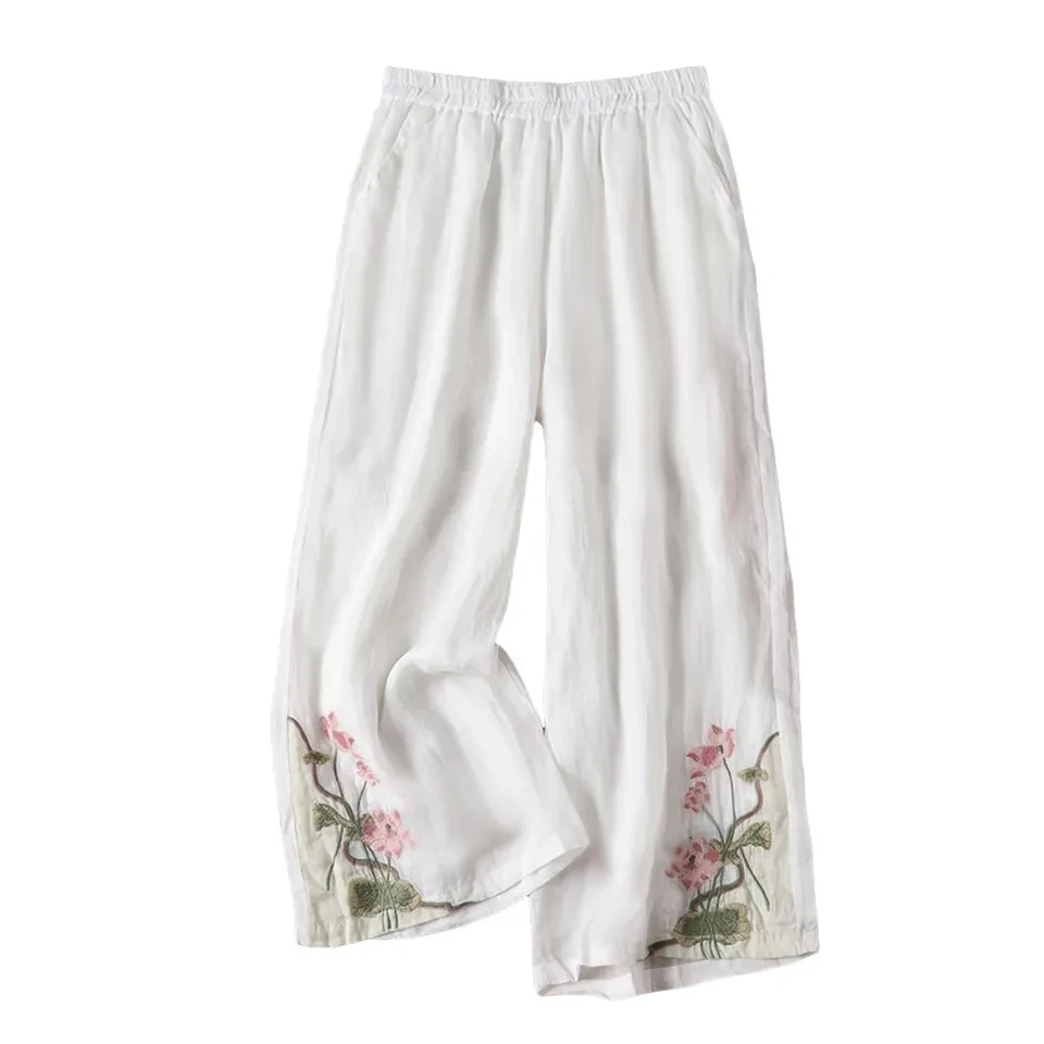 

Retro Embroidery Floral Pants For Women Summer High Waist Thin Breathable Cotton Trousers Elegant Ladies Casual Beach Pants