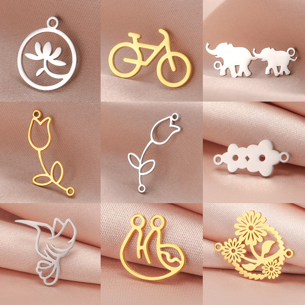 5pcs/lot Charms for Jewelry Making Stainless Steel Lotus Tulip Bicycle Elephant Pendant DIY Accessories for Bracelet Necklace