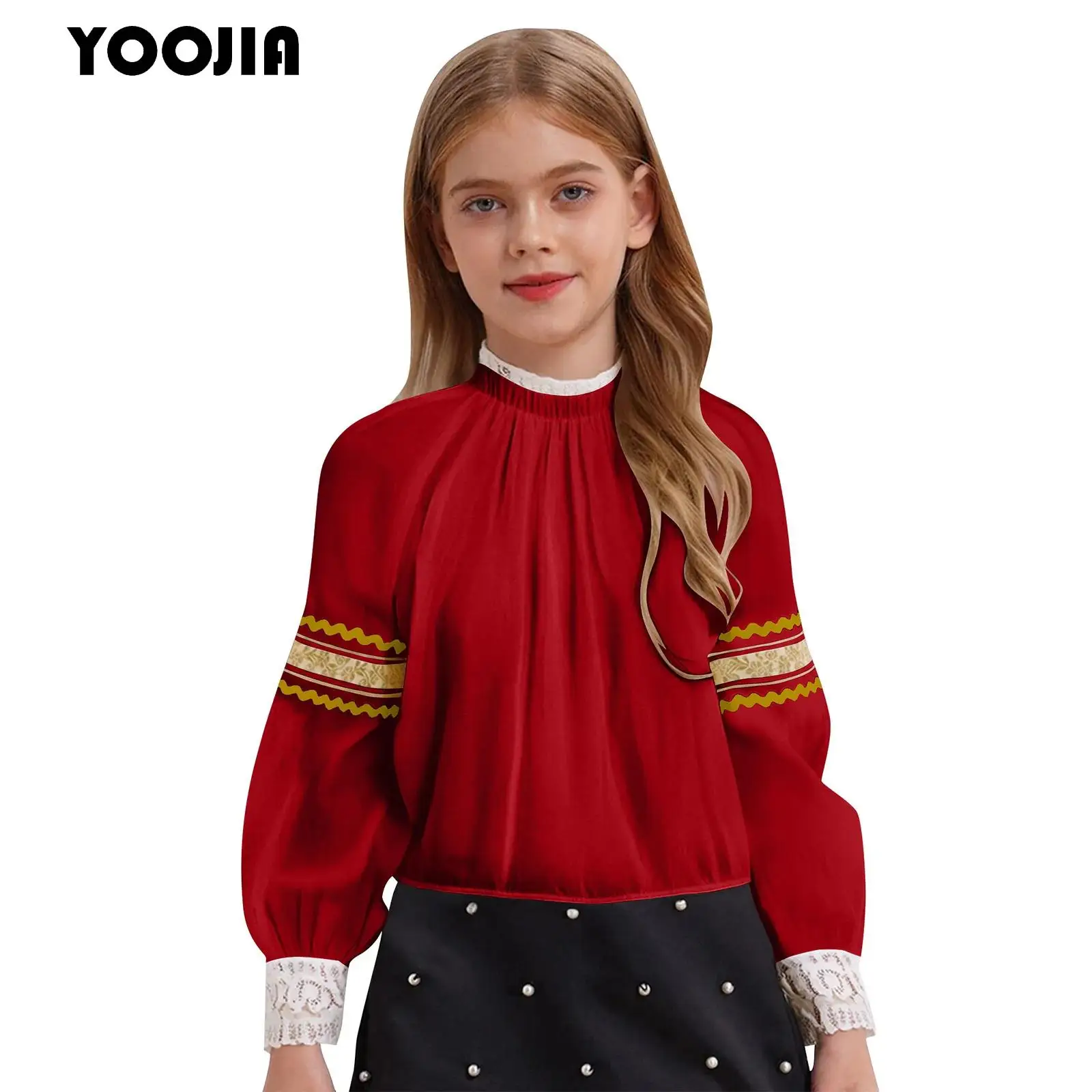 

Girls Blouses Top Lace Stand Collar Long Sleeve Lace Cuffs Shirt for Halloween New Year Party Russian Traditional Costume