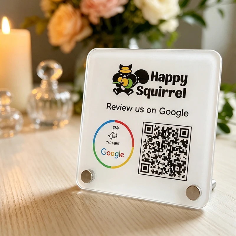Customized Google Review QR Code NFC Sign Business Logo Mini Acrylic Plate with Bracket - UV Printed