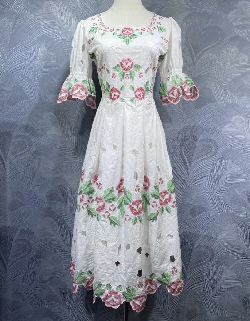 

Top Quality Women's Dress 2025 Spring Summer Party Events Lady Allover Luxurious Embroidery Short Sleeve White Orange Dress XXL