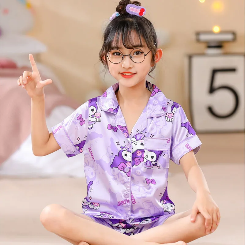 Sanrioed Kuromi Pajamas Short Sleeved Shorts Cinnamoroll Boys Girls Ice Silk Pajamas Cartoon Home Clothing Kids Summer Nightwear