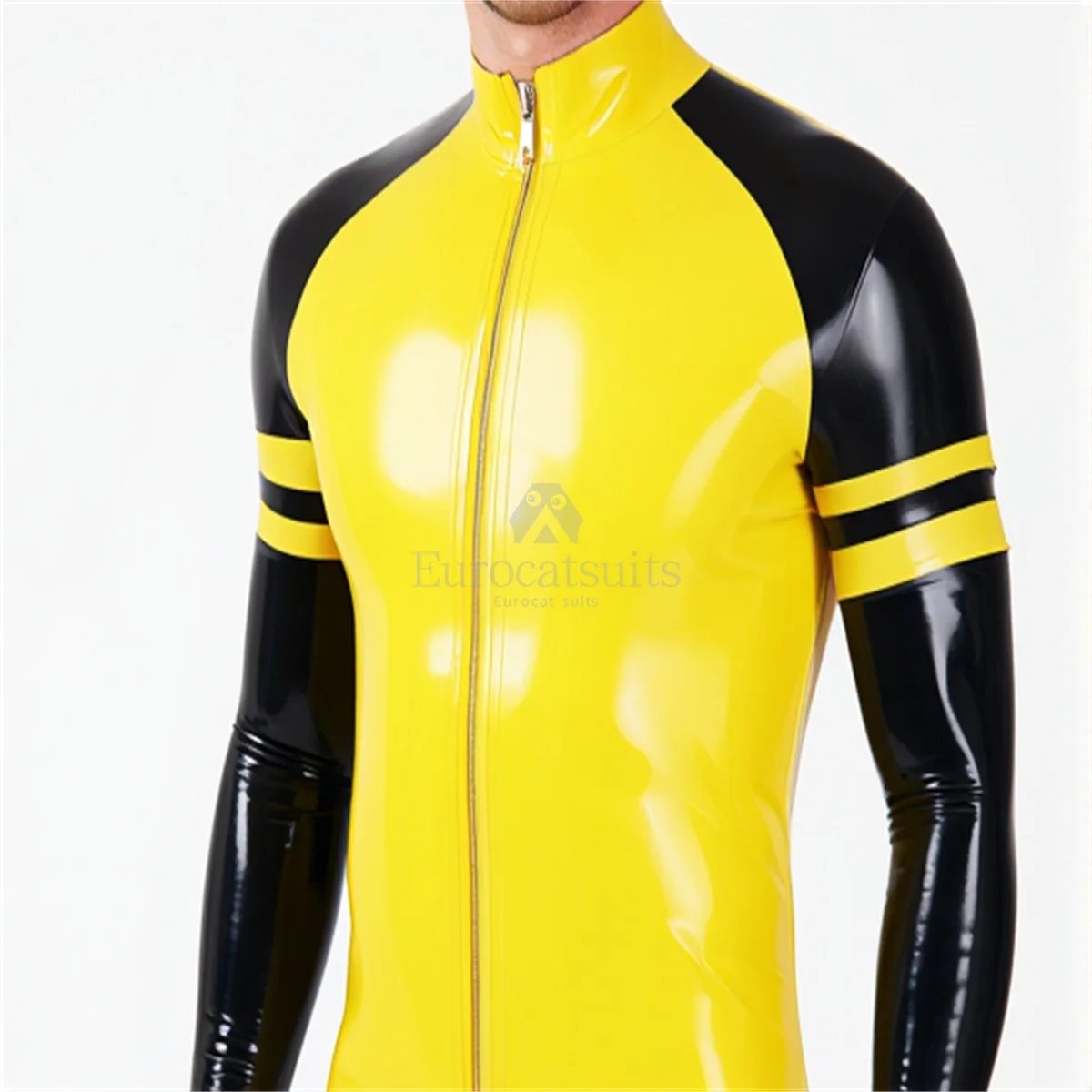 

Желто-черный латексный облегающий костюм для мужчин с воротником-стойкой, на молнии, ручной работы, резиновый фетиш-костюм