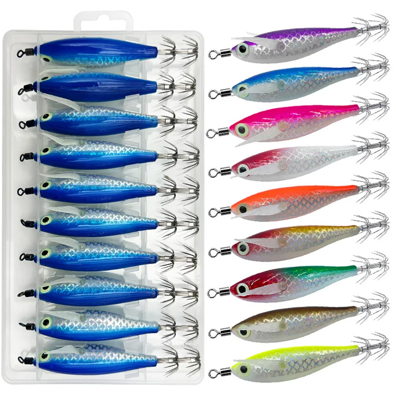 ShareShark 10 Stück/Box Leuchtender Tintenfisch-Jighaken Salzwasser-Angelköder Holzkrebsköder Meeresangeln Oktopus Tintenfisch Köder – Detail 1
