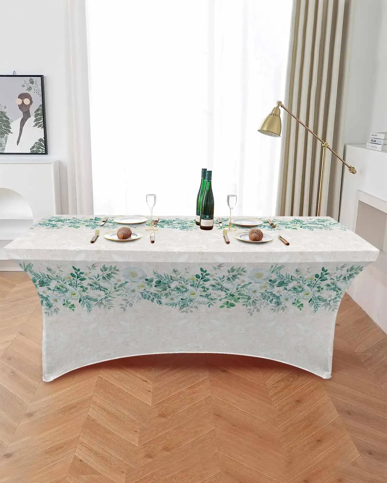 

Watercolor Flower Leaf Pattern Elastic Table Skirt Wedding Birthday Table Decoration Table Skirt Tablecloth for Party