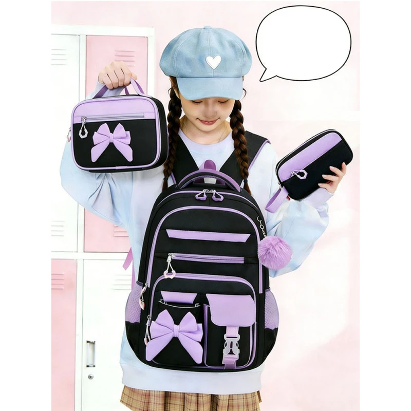 Color-blocked Cute Bow Decor Backpack 3pcs/set Large Capacity Multi-pocket Student Schoolbag Backpack/dining Bag/pencil Case