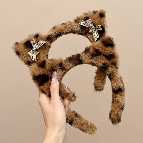Cute Cat Ears Hairband Women Girl Cosplay Leopard Hair Hoop Winter Soft Wool Headband Party Hair Bands Face Wash Makeup Headwear