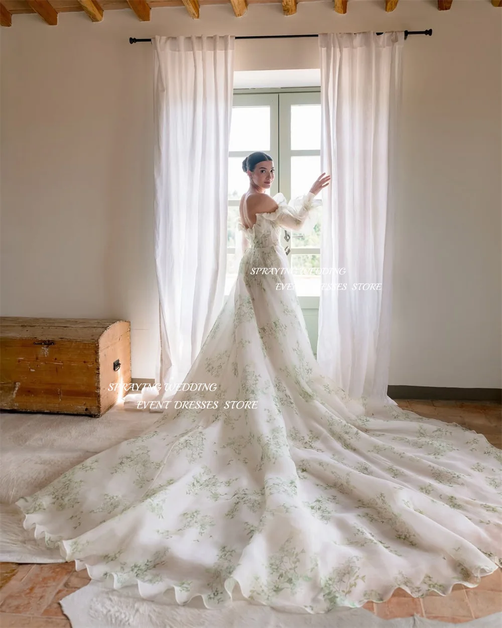 Robe de mariée en Organza imprimé floral, épaules dénudées, manches longues, traîne longue, robe de soirée de mariage personnalisée