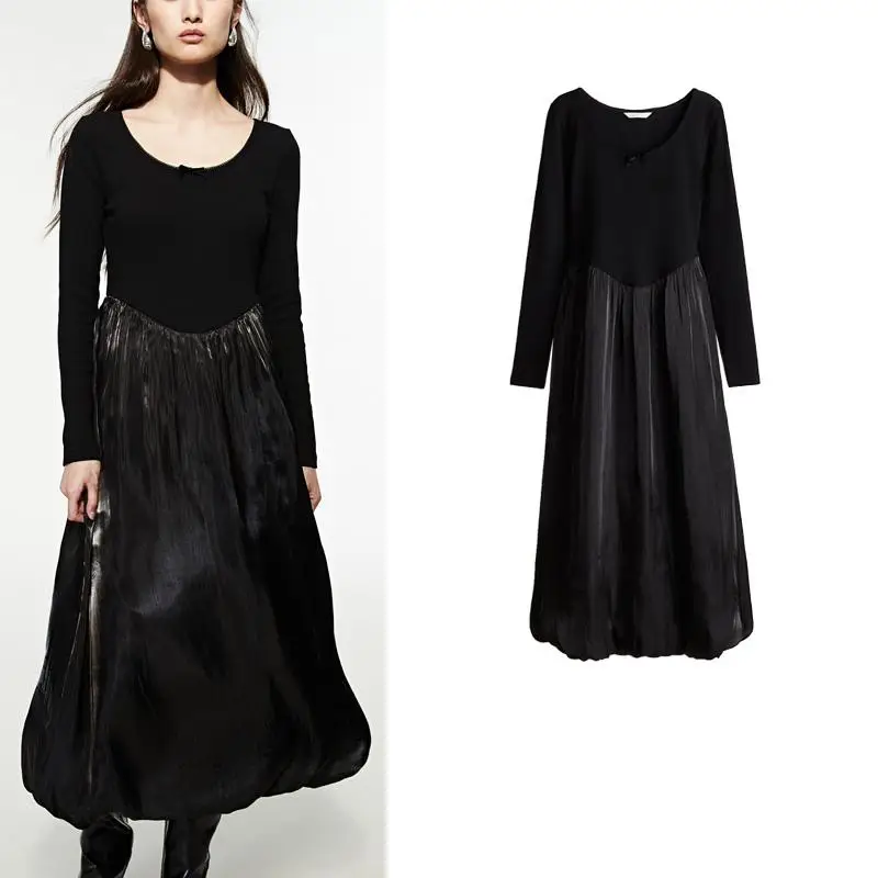 فستان نسائي طويل جديد للشتاء بتصميم A-line، ياقة مربعة، تنورة واسعة، أكمام طويلة، خصر مرتفع، نمط عملي، مصنوع من ألياف البوليس...