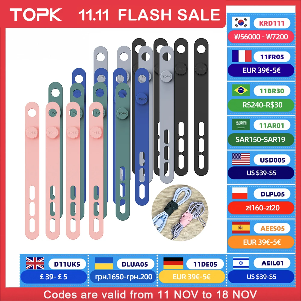 TOPK Silicone Cable Ties Assorted Color Reusable Heavy Duty Cable Organizer Management for Fastening Cords and Wires