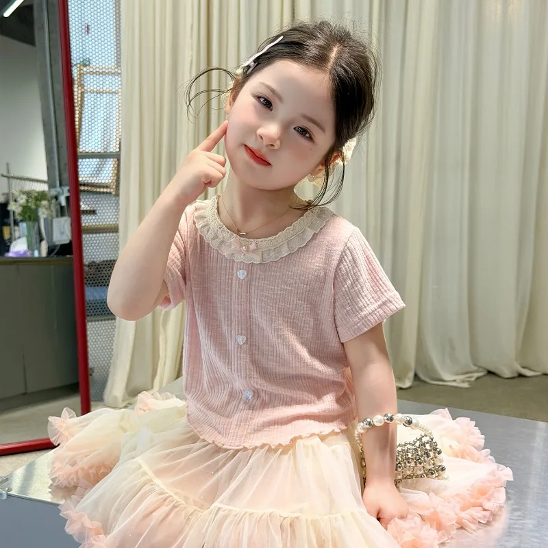 

Girls' Summer Children's Clothing 2026 Baby Girl Princess Pong Skirt Knitted Thin Short Sleeve Stylish Two Piece Set Trendy