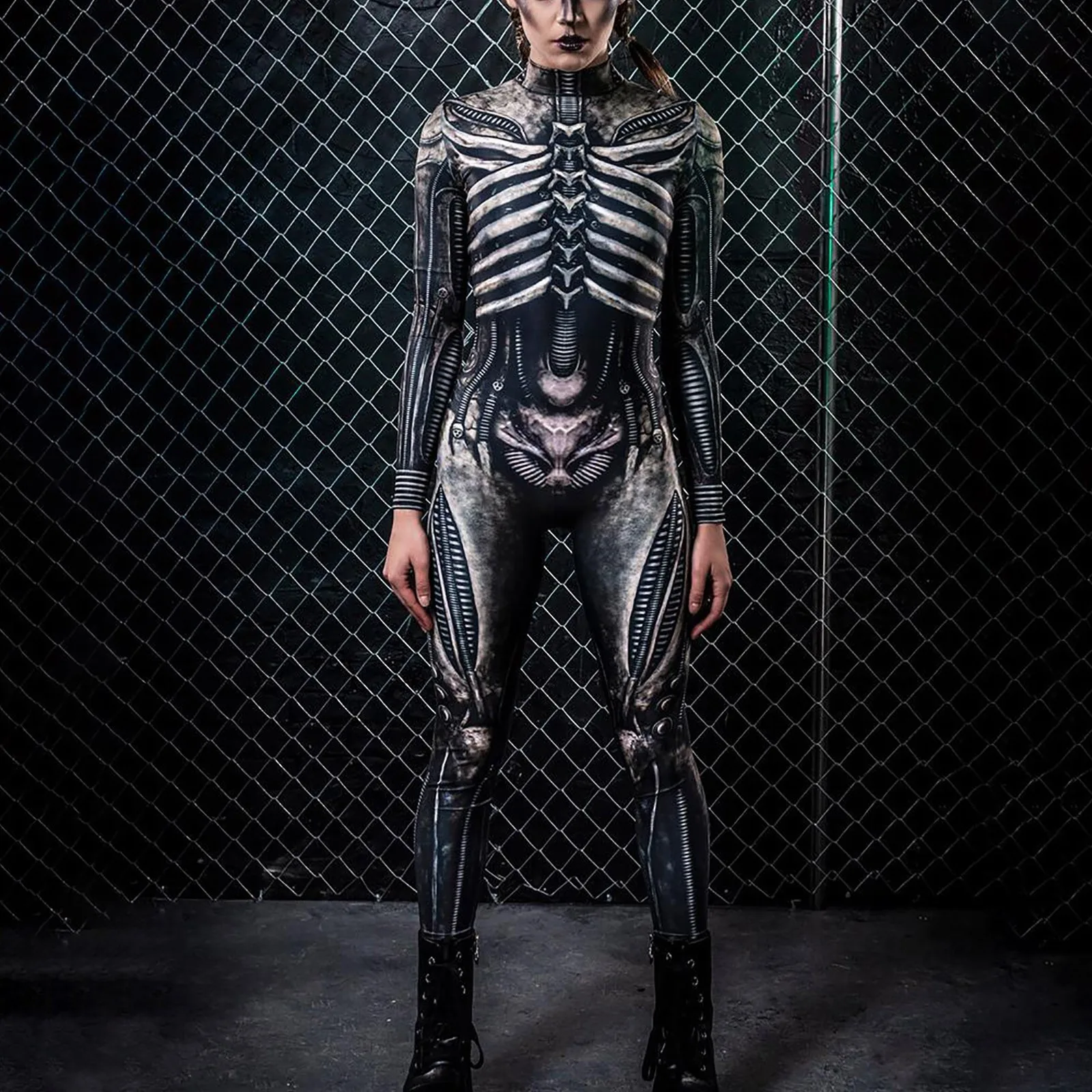 Full Length For Women Bax High Neck Simulation 3d Printed Jumpsuit Robot Skeleton Man Zip Tight Halloween Cosplay Body Jumpsuit