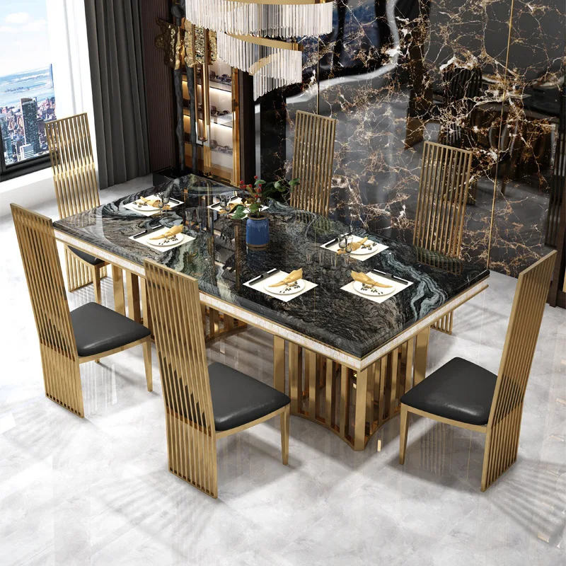 Home marble dining table, dining table and chair combination, small rectangular Hong Kong-style dining table
