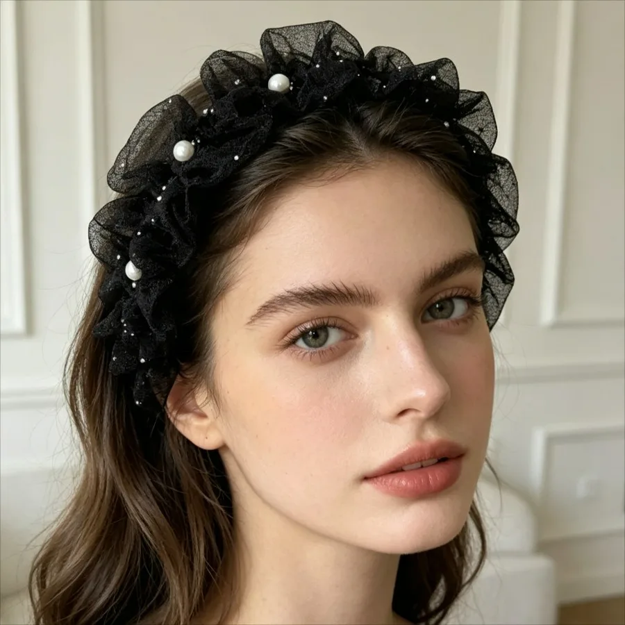 Mesh Ruffle Simulated Pearl Headbands, Elegant Non-slip Hair Hoops for Women, Daily & Party Hair Accessories