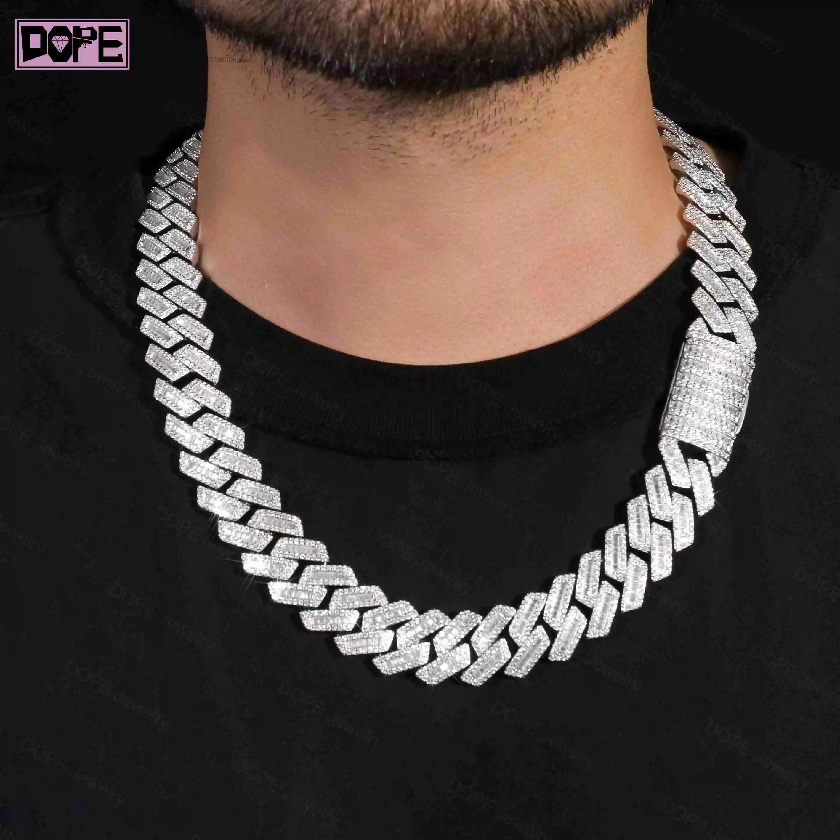 Diamond Pass Tester 15mm Moissanite Chain 925 Silver Baguette Cut Mens Jewelry Iced Out VVS Moissanite Cuban Link Chain.