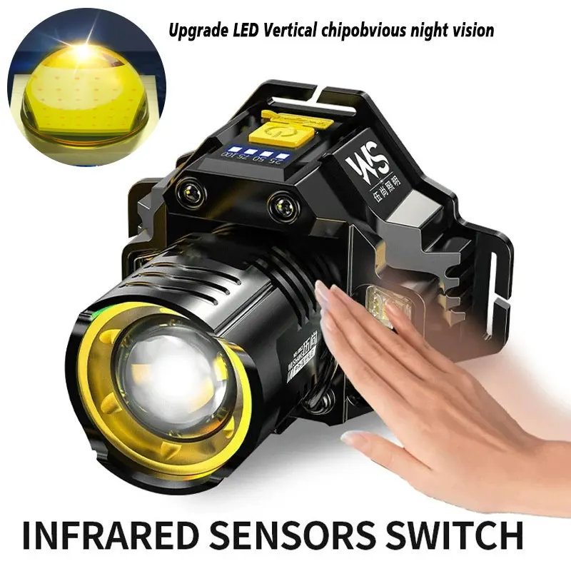 Sensor Headlamp LED Head Flashlight Powerful COB Headlight Head Torch Built-in Battery USB Rechargeable Fishing Camping Lantern