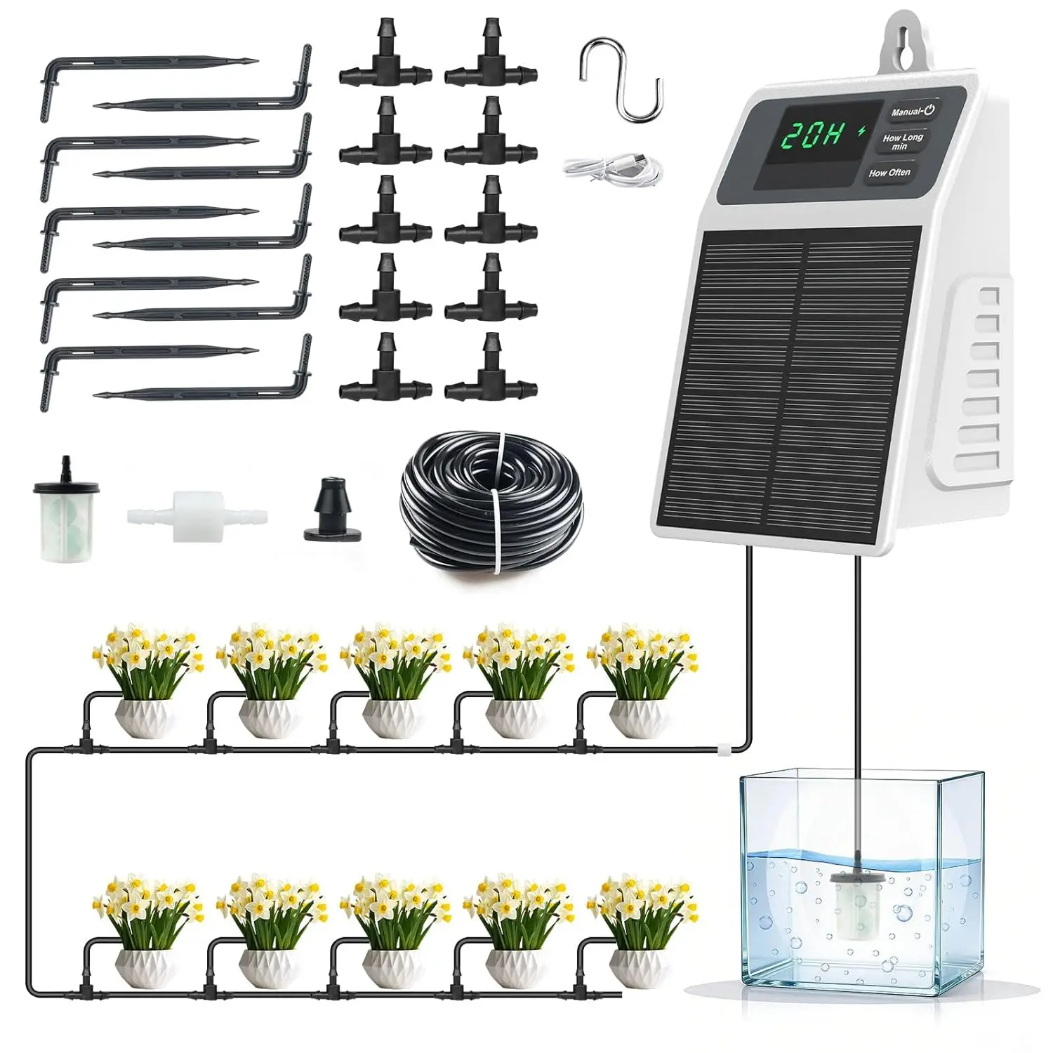 

Solar Drip Irrigation System Automatic Watering Kit with Timer USB Rechargeable IPX5 Waterproof for Garden Plants Indoor Outdoor