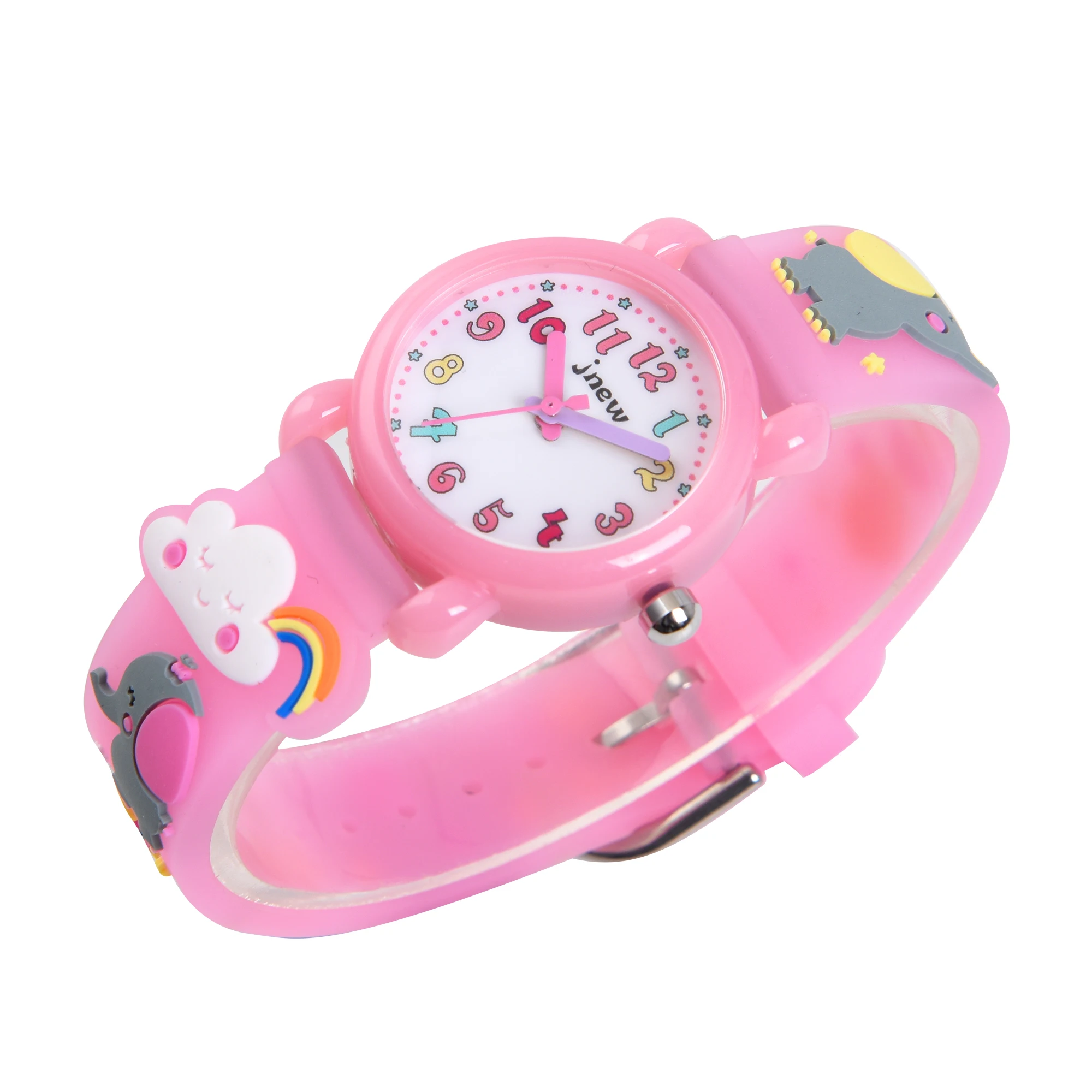 Cute Pink Elephant Rainbow Cartoon Children's Watch Soft Silicone Strap with Japanese Movement Waterproof Girl Clock Gift