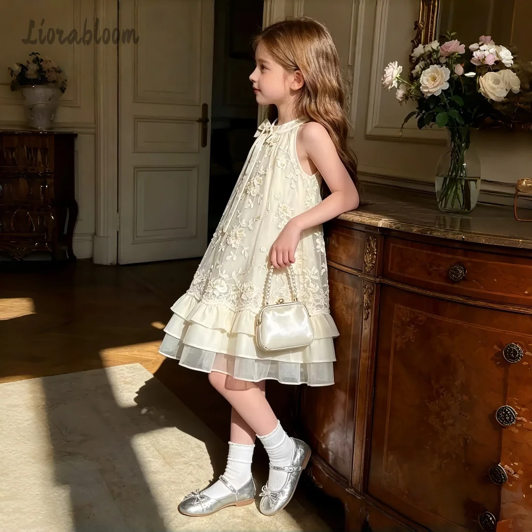 Gaun Tulle Renda Sampanye untuk Anak Perempuan dengan Kerah Halter dan Ruffle Bertingkat untuk Gaun Pesta Ulang Tahun Pernikahan Pengiring Pengantin