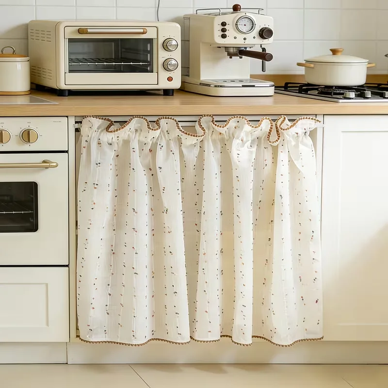 1PC Rustic Linen Farmhouse Short Curtain, Pom Pom Tassel Dot Jacquard Cabinet Curtain for Kitchen Bathroom Bohemian Home Decor