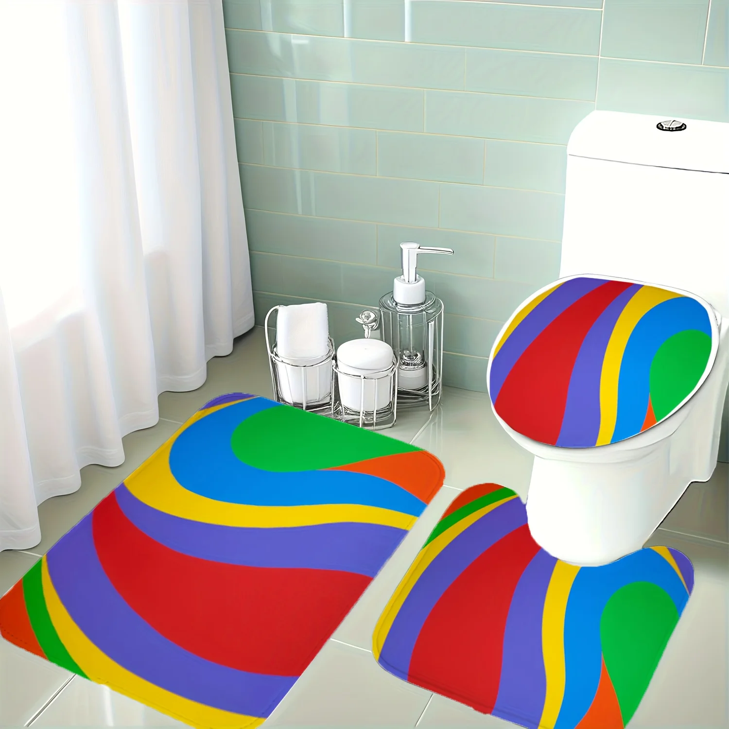 

Christmas Decoration, 3pcs Set with Red, Yellow, Blue, Green, Purple Color Wave Line Pattern Bathroom Mat and Toilet Lid Cover