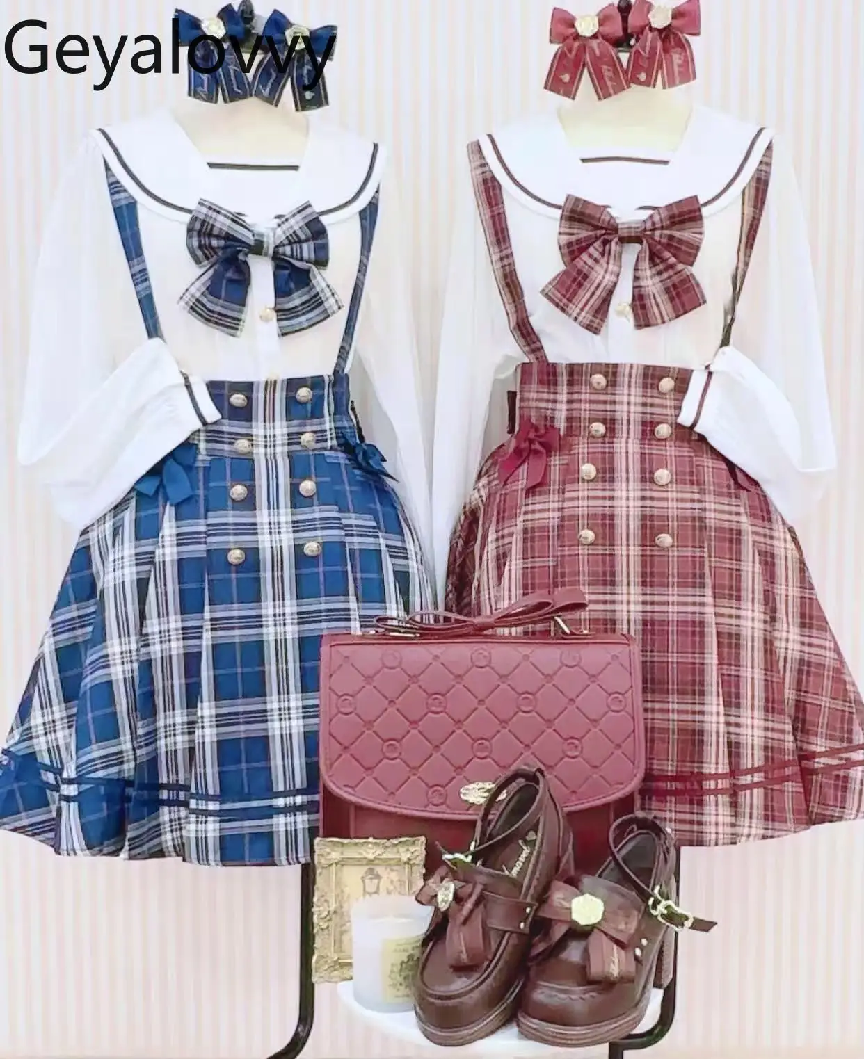 

Spring Autumn Two Piece Sets Womens Outifits Japanese Style College JK Uniform Bowknot Long Sleeve Top + Suspender Skirt