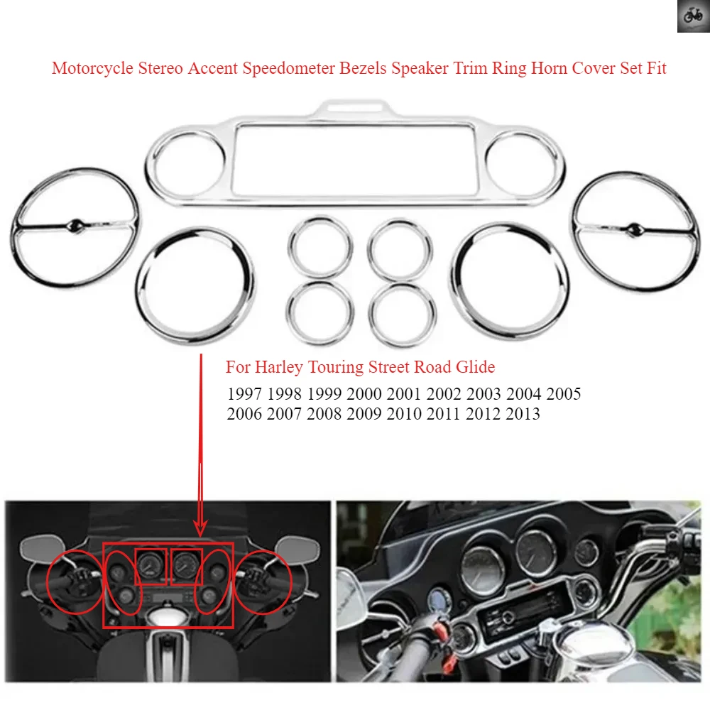 

Motorcycle Stereo Accent Speedometer Bezels Speaker Trim Ring Horn Cover Set Fit For Harley Touring Street Road Glide 1997-2013