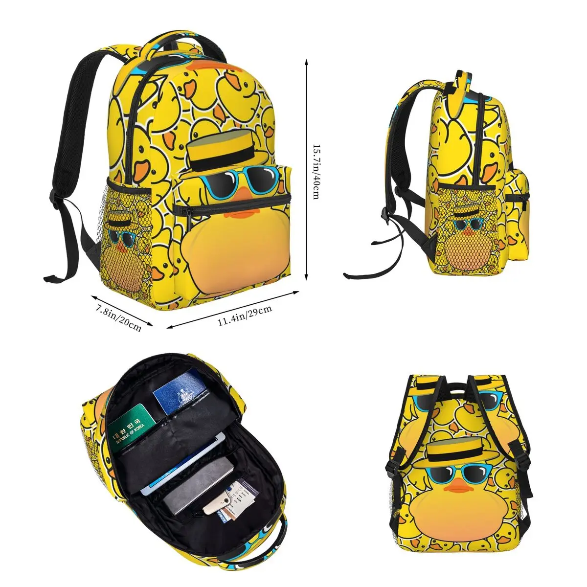 Rubber Duck Ducky Wearing Boater Hat And Sunglasses Backpacks Boys Bookbag Cartoon Rucksack Lunch Bag Pen Bag Three-Piece Set