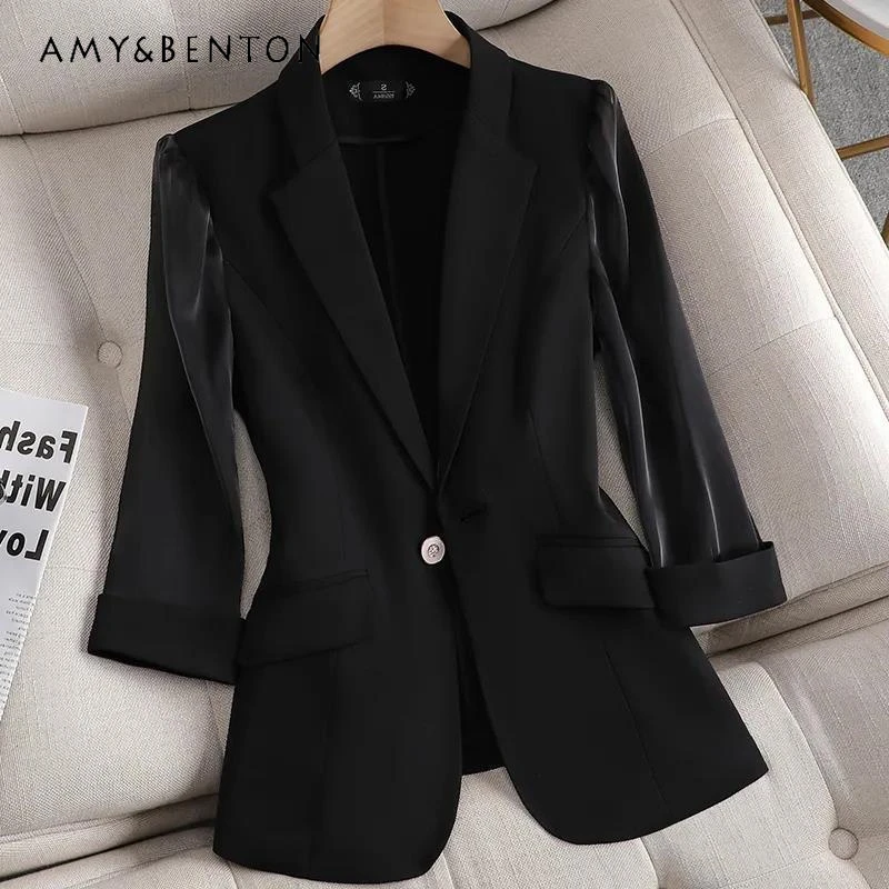 Office Lady Pink Three-Quarter Sleeve Thin Suit Jackets for Women 2024 Summer New Casual Fashion Temperament Professional Jacket