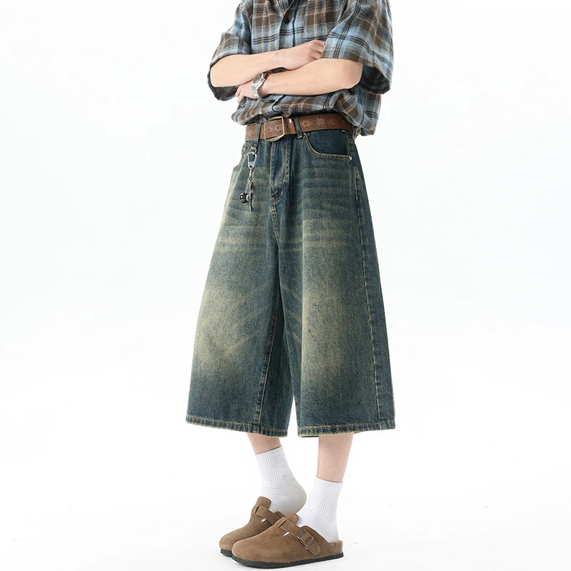 Multi-pockets Cargo Pants Summer Short Jeans Breeches Hip Hop Streetwear Baggy Denim Shorts Casual Wide-leg Capris Pants 5XL-M