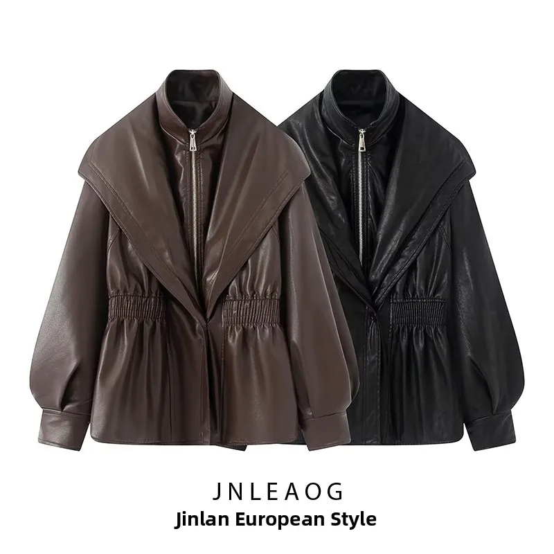Washed Leather Jacket Fake Two-Piece Style Autumn New Arrival Women's Fashion Commute Wind Loose Fit Long Sleeve Zipper Design