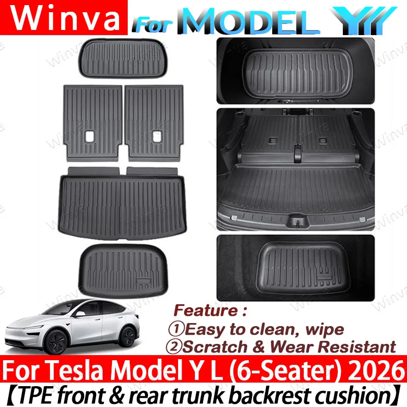 For Tesla Model Y L 2026 6-Seats Car Floor Mats Cargo Liner Trunk Mats Backrest Kick Pads Protection Car Interior Accessories