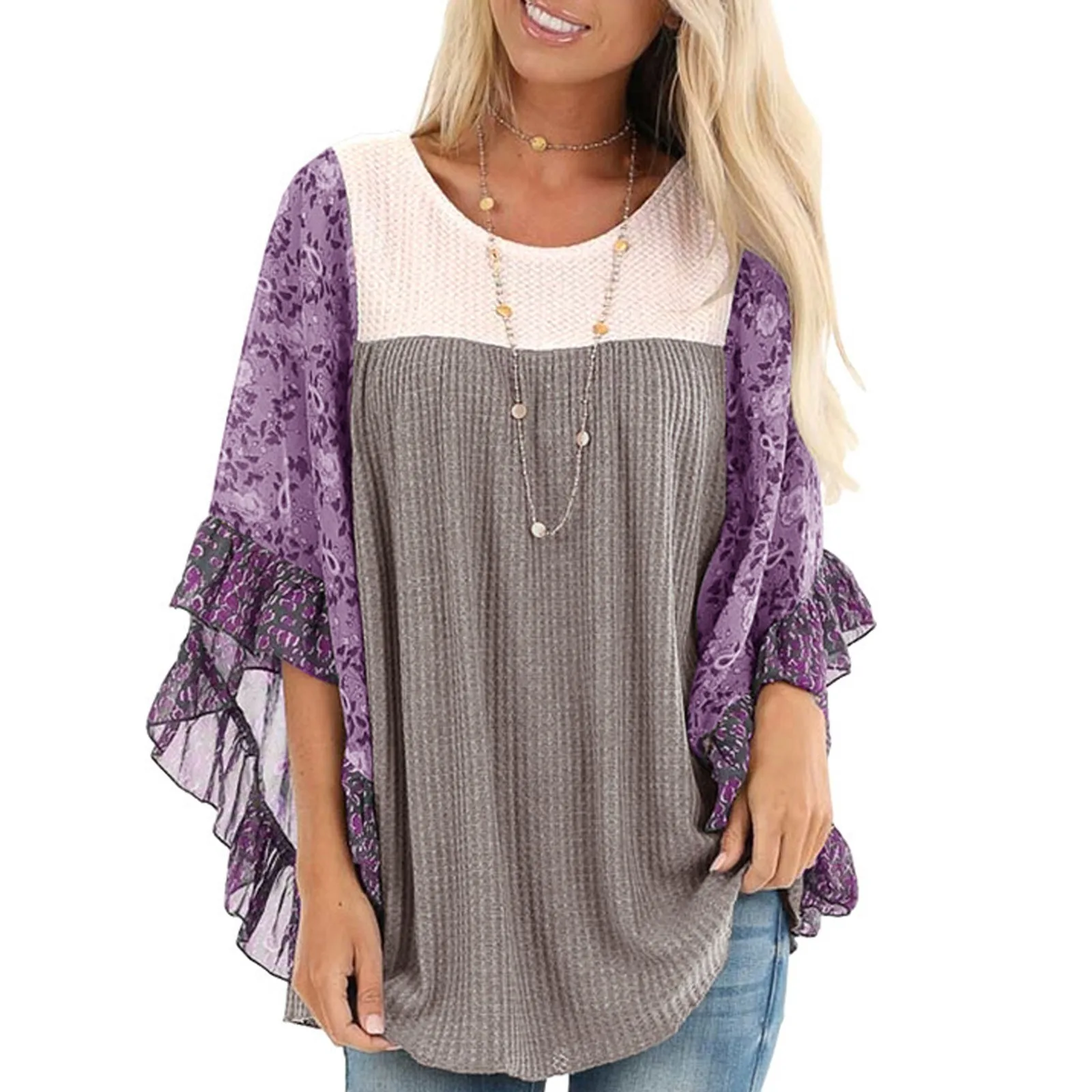 

Женский трикотажный пуловер с рукавом летучая мышь, с цветочным принтом