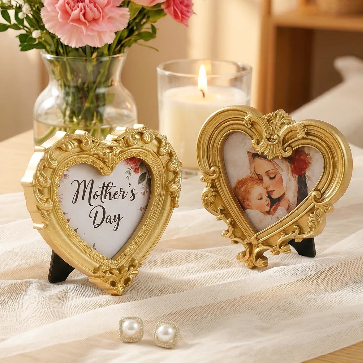 1 PC, Mother's Day Golden European-style Three-Dimensional Pattern Heart-shaped Decorative Picture Frame