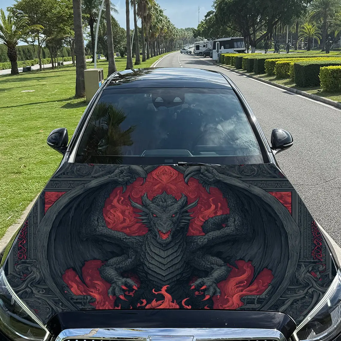 

Blazing Black Evil Dragon Car Vinyl Wrap, PVC Material Waterproof Car Hood Sticker, Self-Adhesive Scratch-Resistant Stickers for