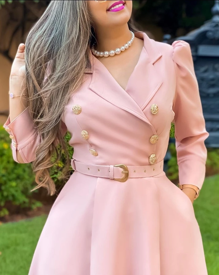 Womens Dresses 2023 Spring Fashion Puff Sleeve Double Breasted Elegant Notched Collar Three Quarters Midi Blazer Dress with Belt