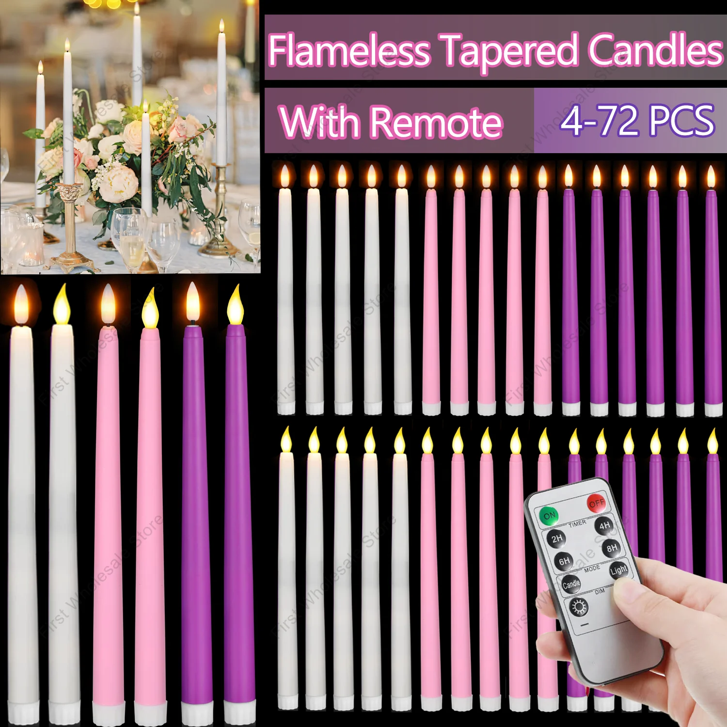 4-72PCS Flameless Taper Candles With Remote Battery Operated LED Candles Flickering Taper Candle Church Home Wedding Party Decor