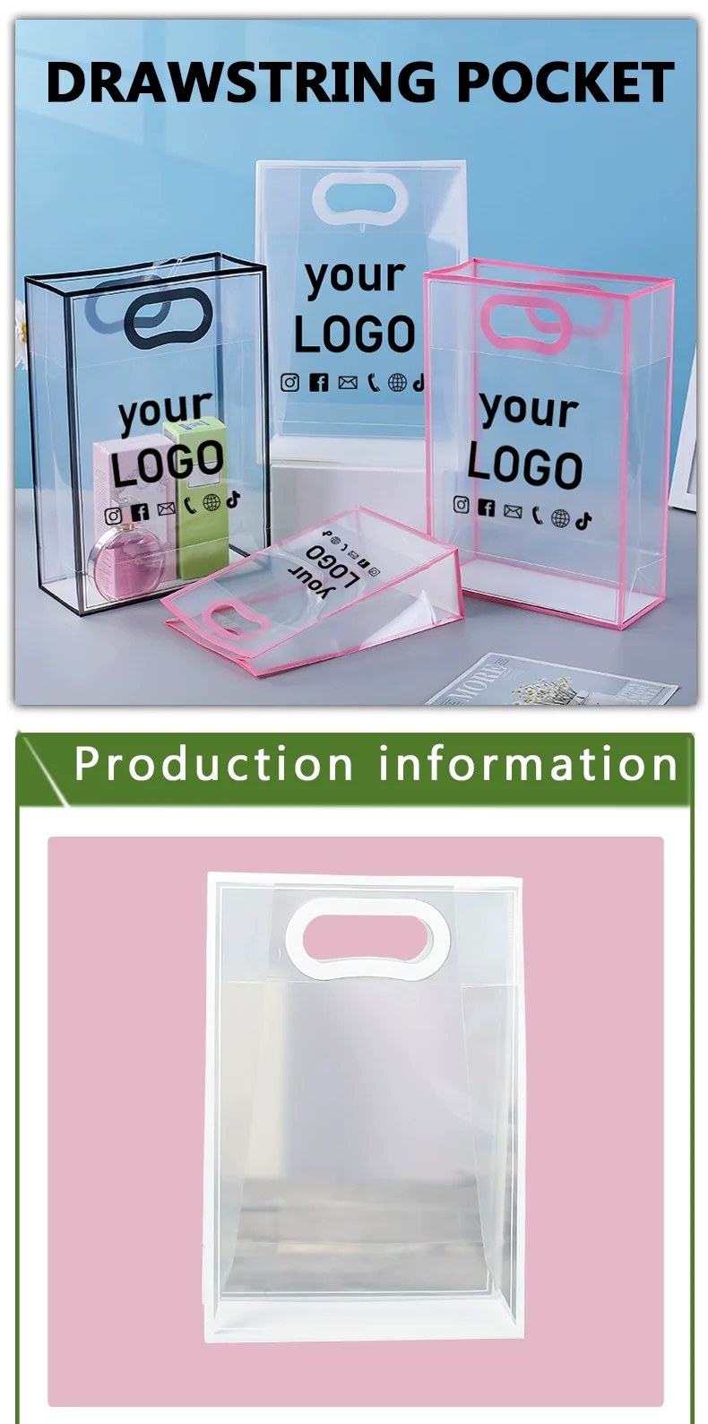 20 Stück transparente PVC-Geschenktüten mit Griffen, wiederverwendbare transparente Tragetaschen, Einkaufstaschen für Hochzeits-/Partygeschenke, mit individuellem Logo – Detail 2