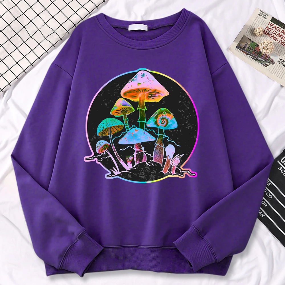 Casualwomen\'S Pullover Garden Of Shrooms Colorful Neon Style Mushroom Print Hoody Loose Crewneck Sweatshirts Warm Fleece Tops