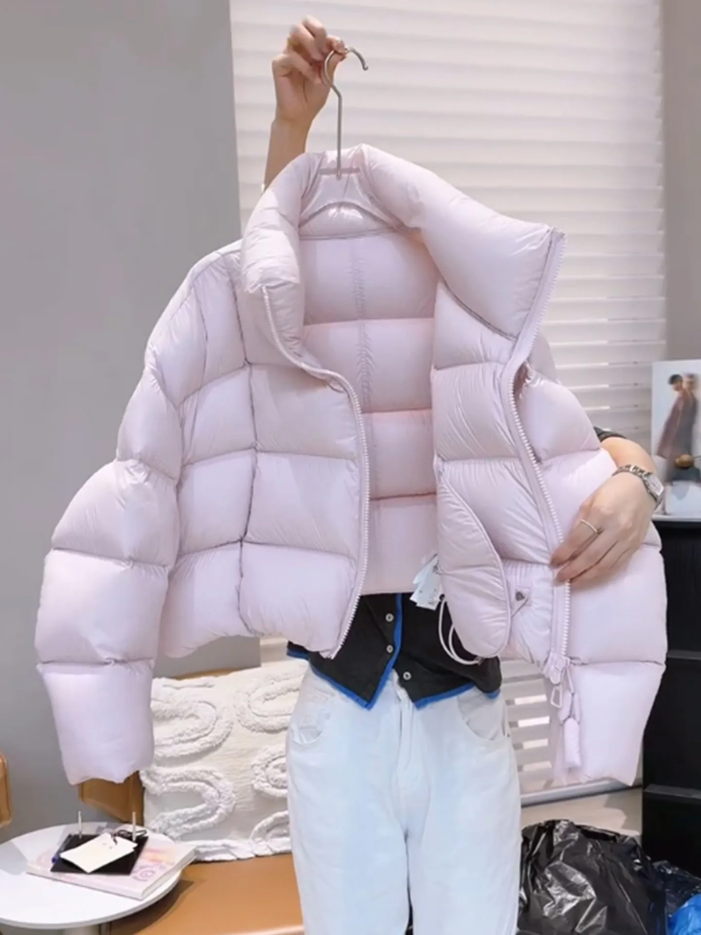 

Корейское розовое женское пуховое пальто с воротником-стойкой, тонкое теплое пальто с воротником-стойкой, новинка зимы 2025, модное поступление