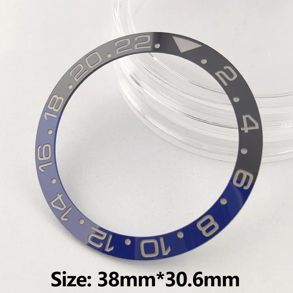 Original 38 mm * 30,6 mm Uhrenlünette, hochwertige Keramikeinsätze, schwarz-blaue GMT-Lünette für 40 mm Herrenuhr-Zubehör