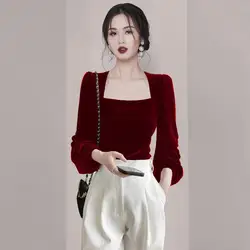 High End Gold Velvet Top with Women's Design Sense Winter New Women's Clothing Niche and Unique Square Neck Collarbone Shirt