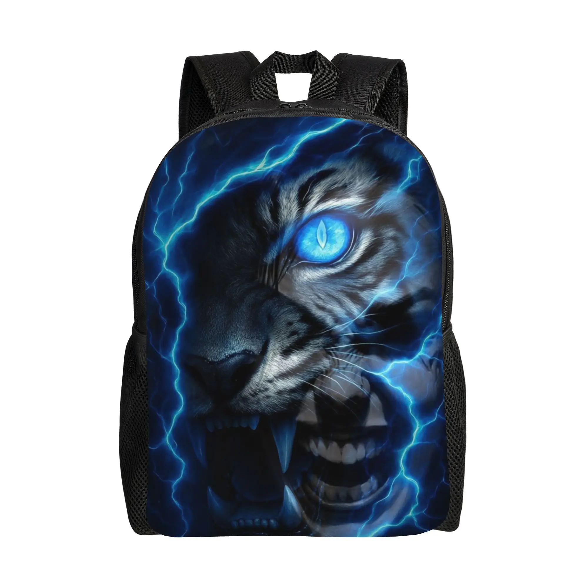 Back to school season Blue Lightning Tiger Face Dark Art Rucksack  Male Lady Personalised Backpack