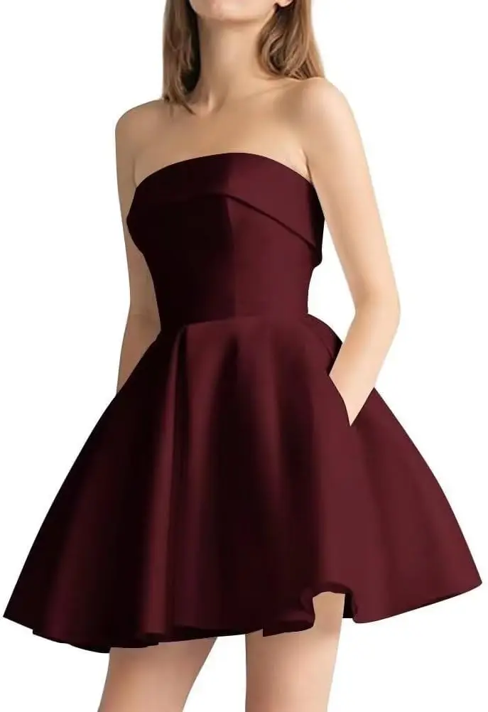 

Strapless Homecoming Dresses for Teens 2025 Satin A Line Short Prom Dress with Pockets Formal Evening Gowns Above Knee , Mini
