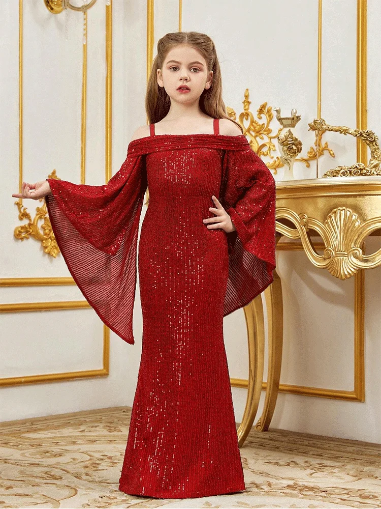 Vestido de noche de malla brillante con hombros descubiertos para niña de 10 años, fiesta de cumpleaños, boda, flor, vestido de actuación para niña, vestido de graduación