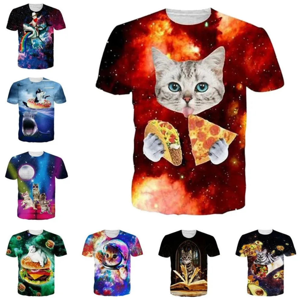 Men's 3D-printed T-shirt featuring a fun, cute pizza-cat design; short sleeves, crew neck, streetwear style, summer wear.