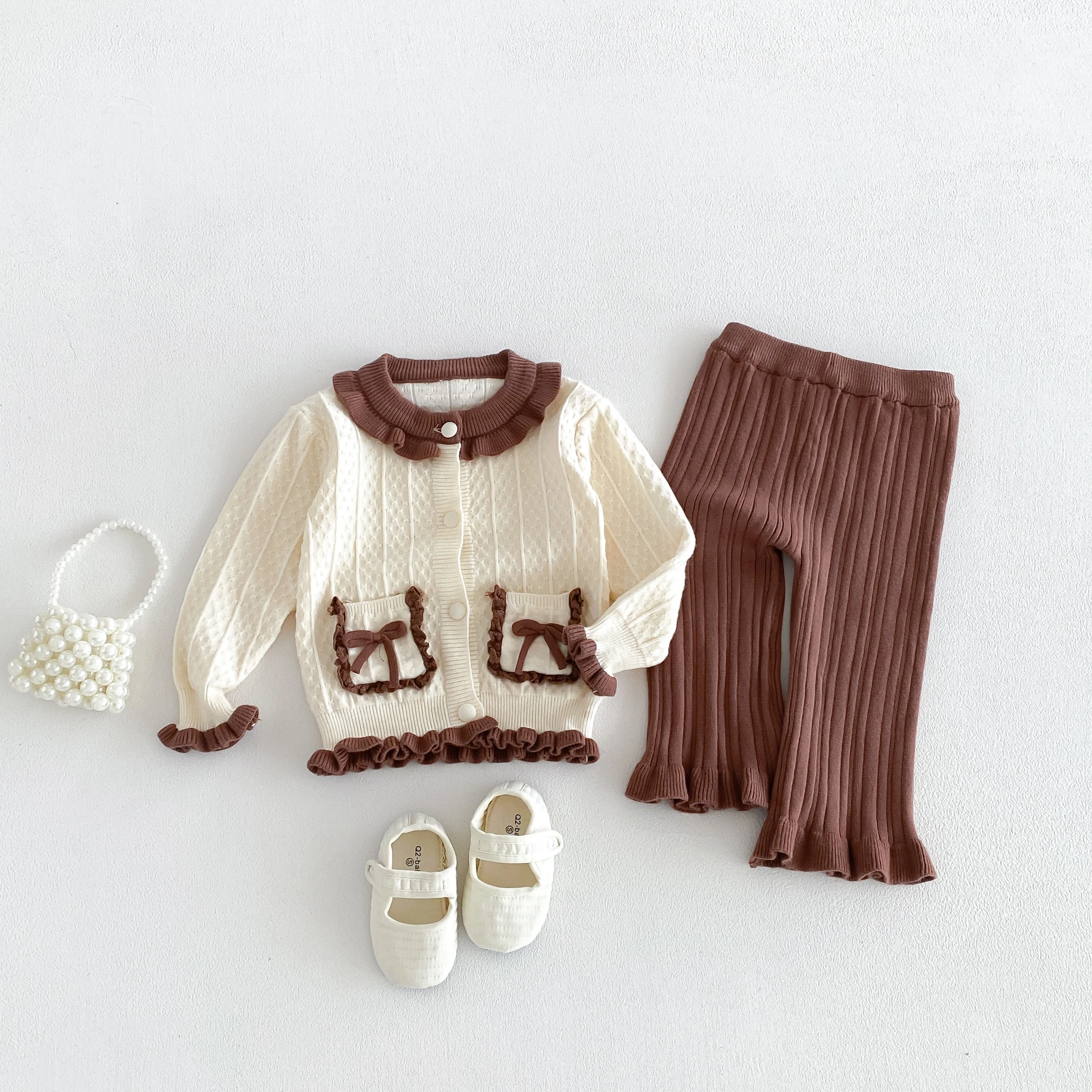 2026 Fall/Winter New Collection Girls' Set, Infant Bow Ruffled Trim Solid Color Knit Top and Pants